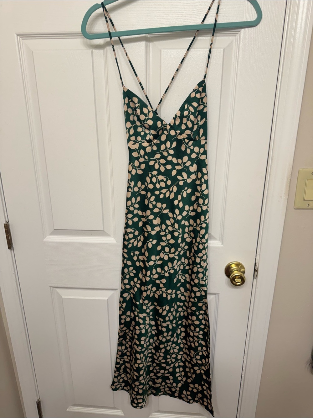 Green and Blush Leaf-Print Slip Dress